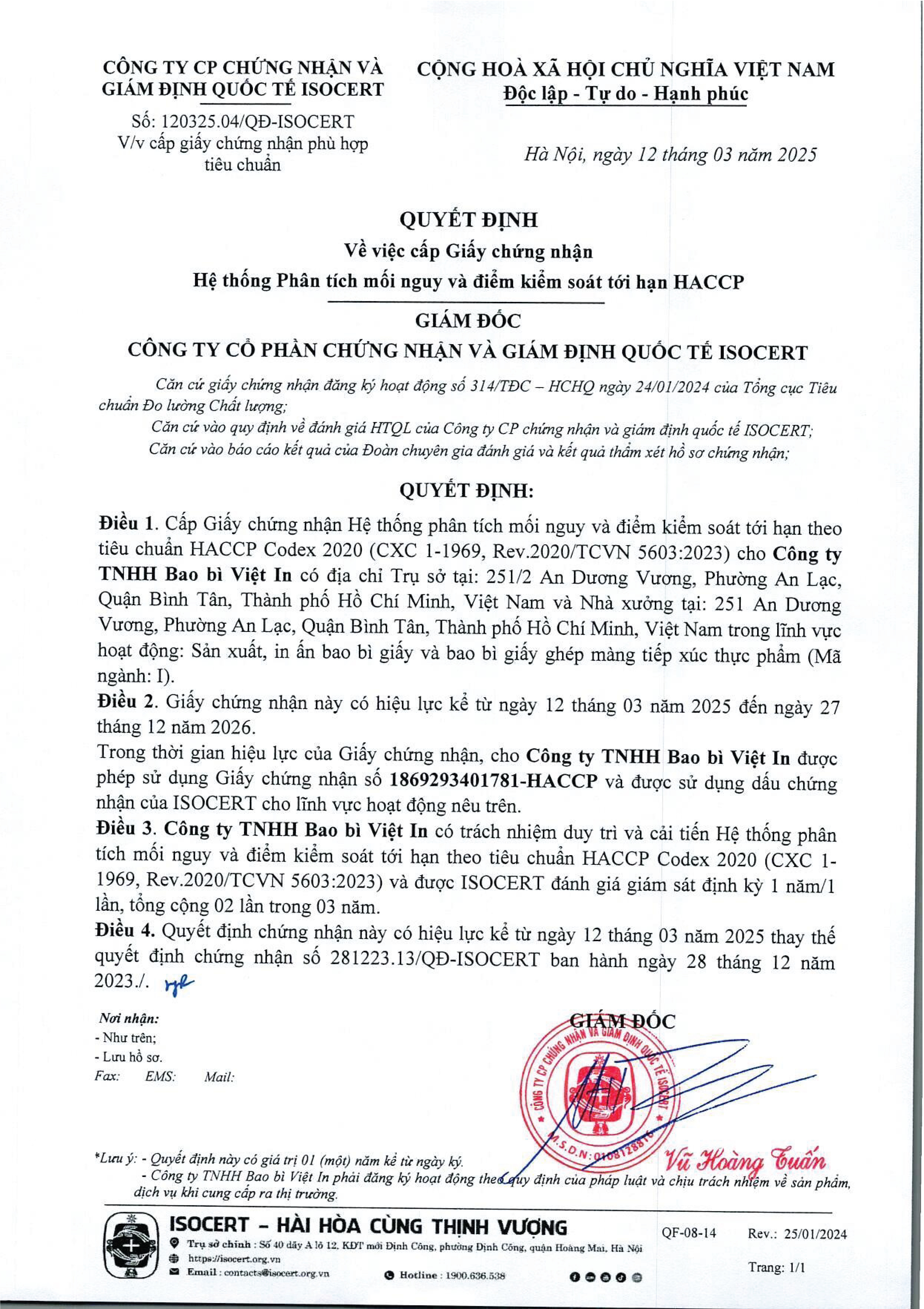 C&ocirc;ng ty in ấn c&oacute; HACCP đảm bảo an to&agrave;n thực phẩm, kiểm so&aacute;t rủi ro, quy tr&igrave;nh chuẩn h&oacute;a, ph&ugrave; hợp cho bao b&igrave; thực phẩm & xuất khẩu.