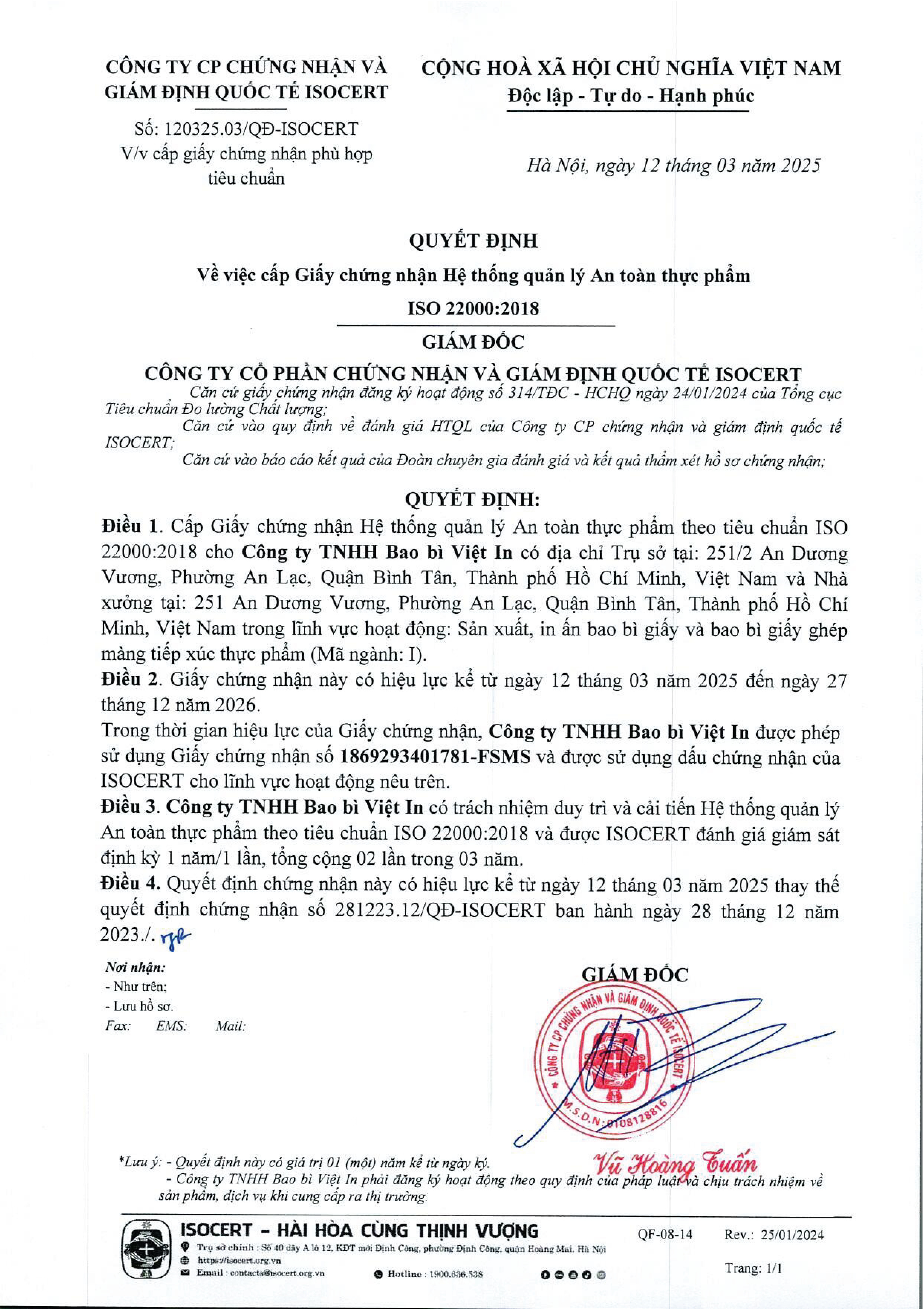 CTY in ấn có ISO 22000:2018 giúp doanh nghiệp F&B đảm bảo an toàn bao bì, tránh nhiễm chéo, kiểm soát vệ sinh, truy xuất nguồn gốc